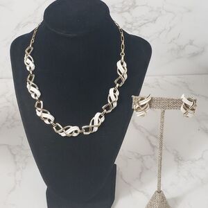 SARAH COVENTRY Vintage Goldtone & White Enameled Necklace &  Clip Earrings Set